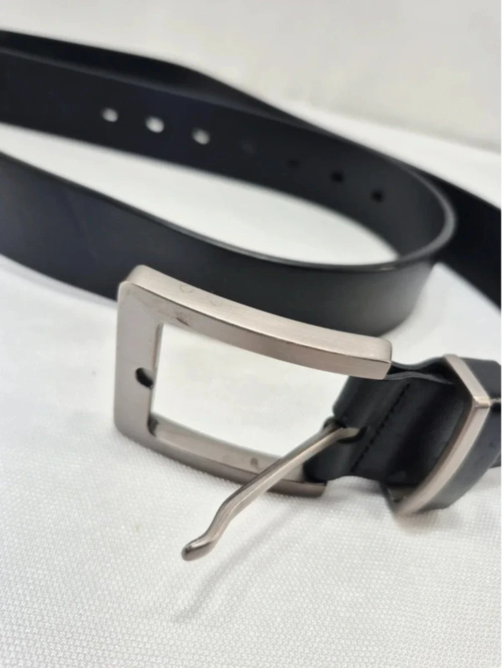 Men's 100% Italian Made Leather Black Belt Brushed Silver 1.5